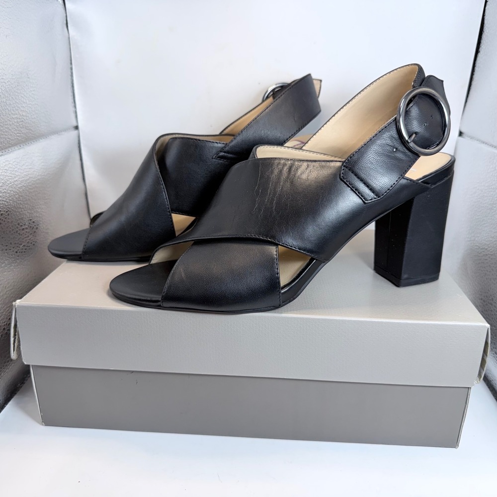 Franco Sarto Gabbey Black Leather Block Heel Sandals Size 9.5M Slingback Peep